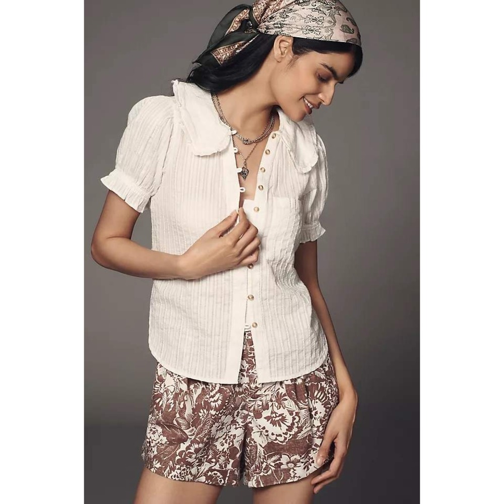 Pilcro Blouse Keira Medium White Victorian Peter Pan Collar Ruffle Cotton